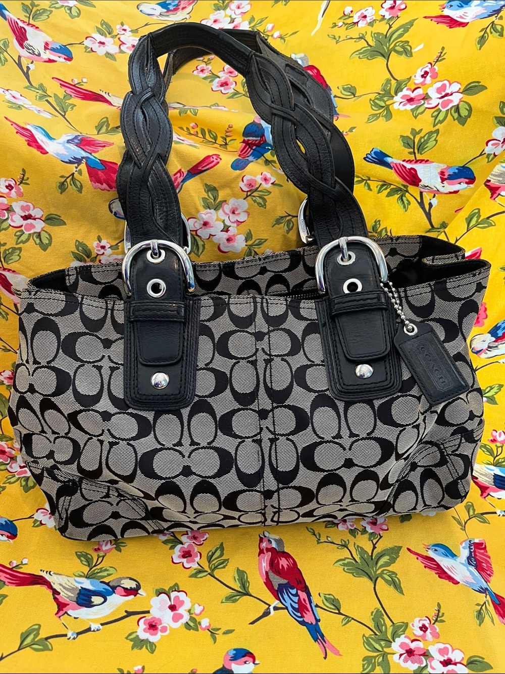 Coach Black and Gray Signature Canvas Tote with Braided Leather Straps
